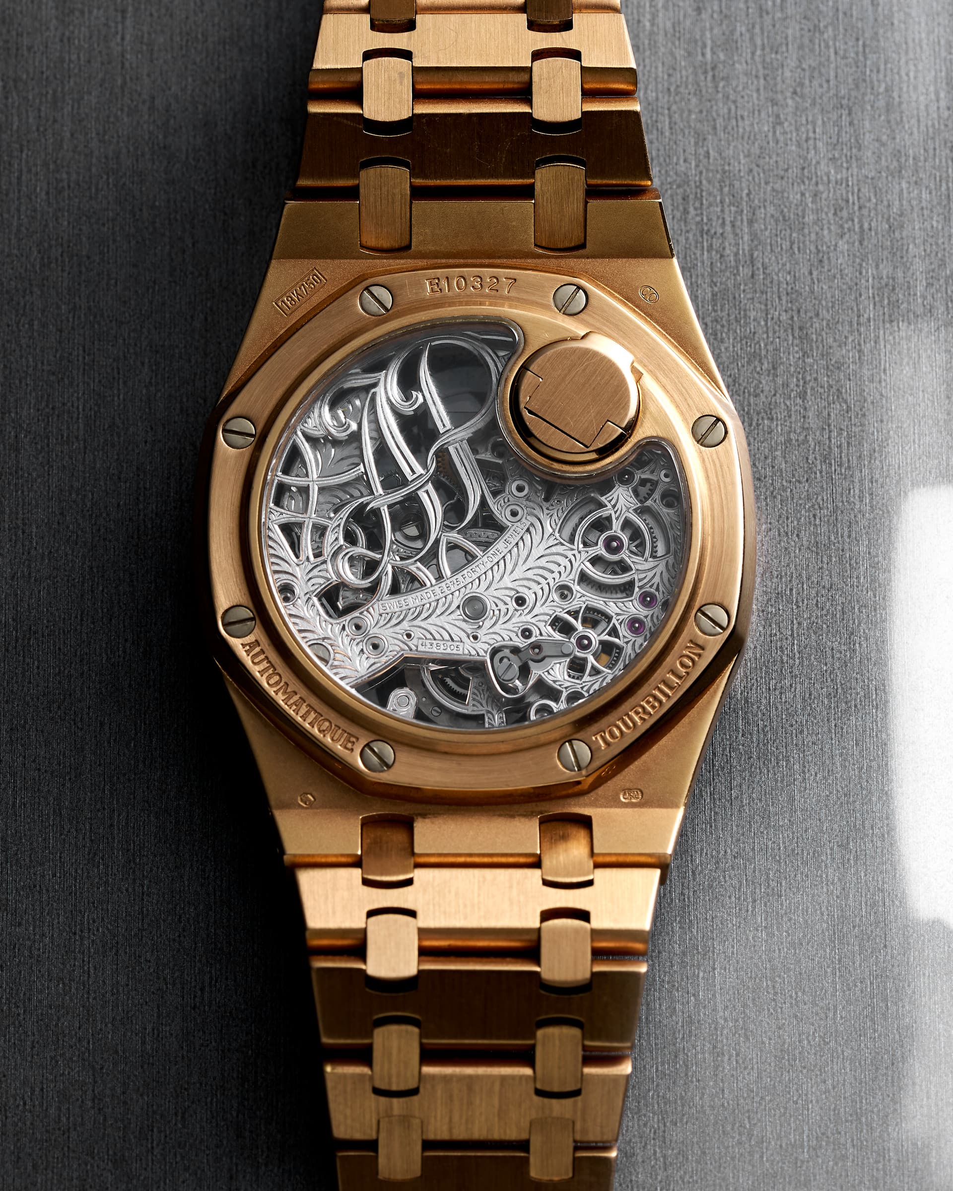 Front view of the yellow gold Royal Oak Tourbillon Squelette