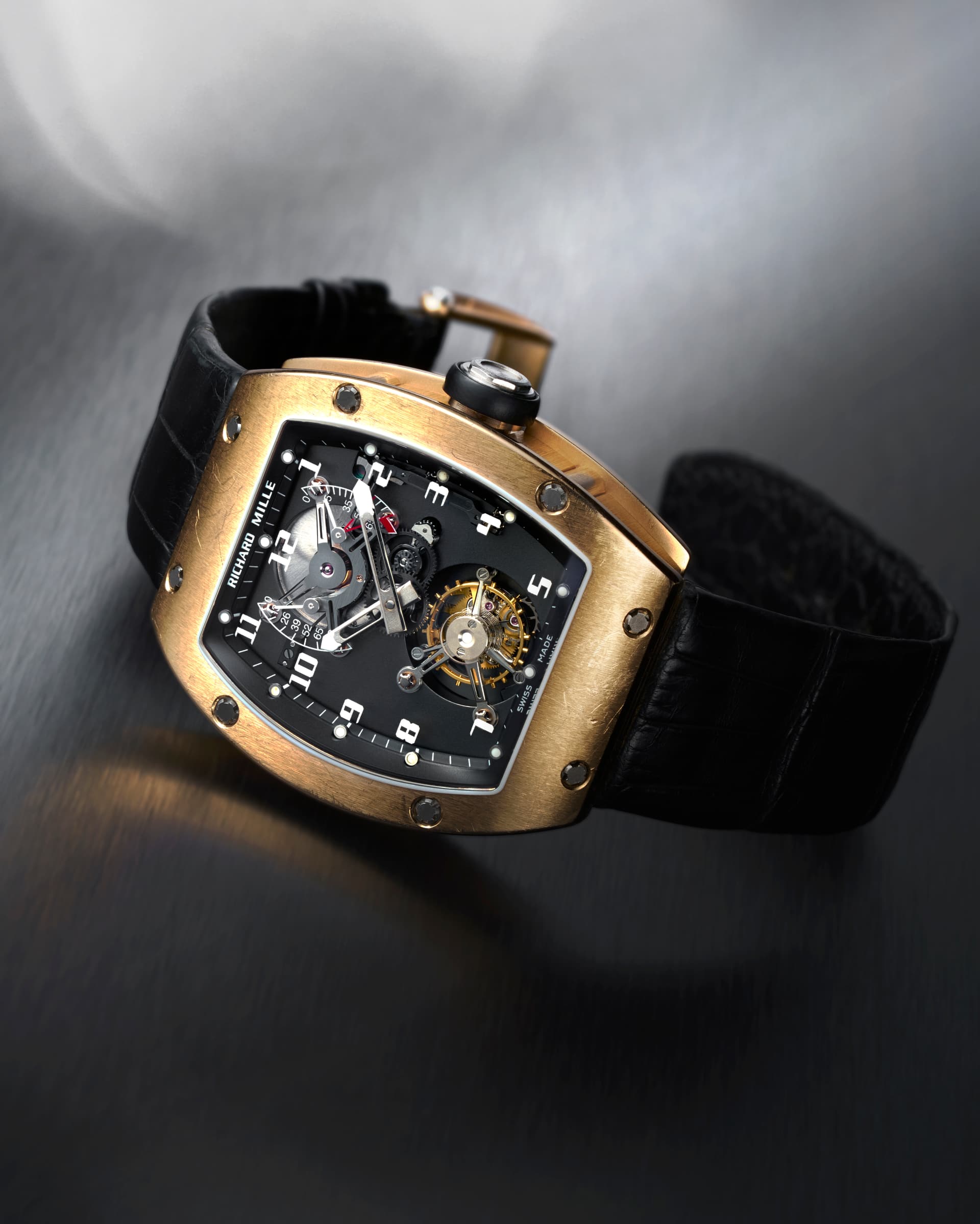 Rose gold Richard Mille RM 001 Tourbillon at three-quarter angle