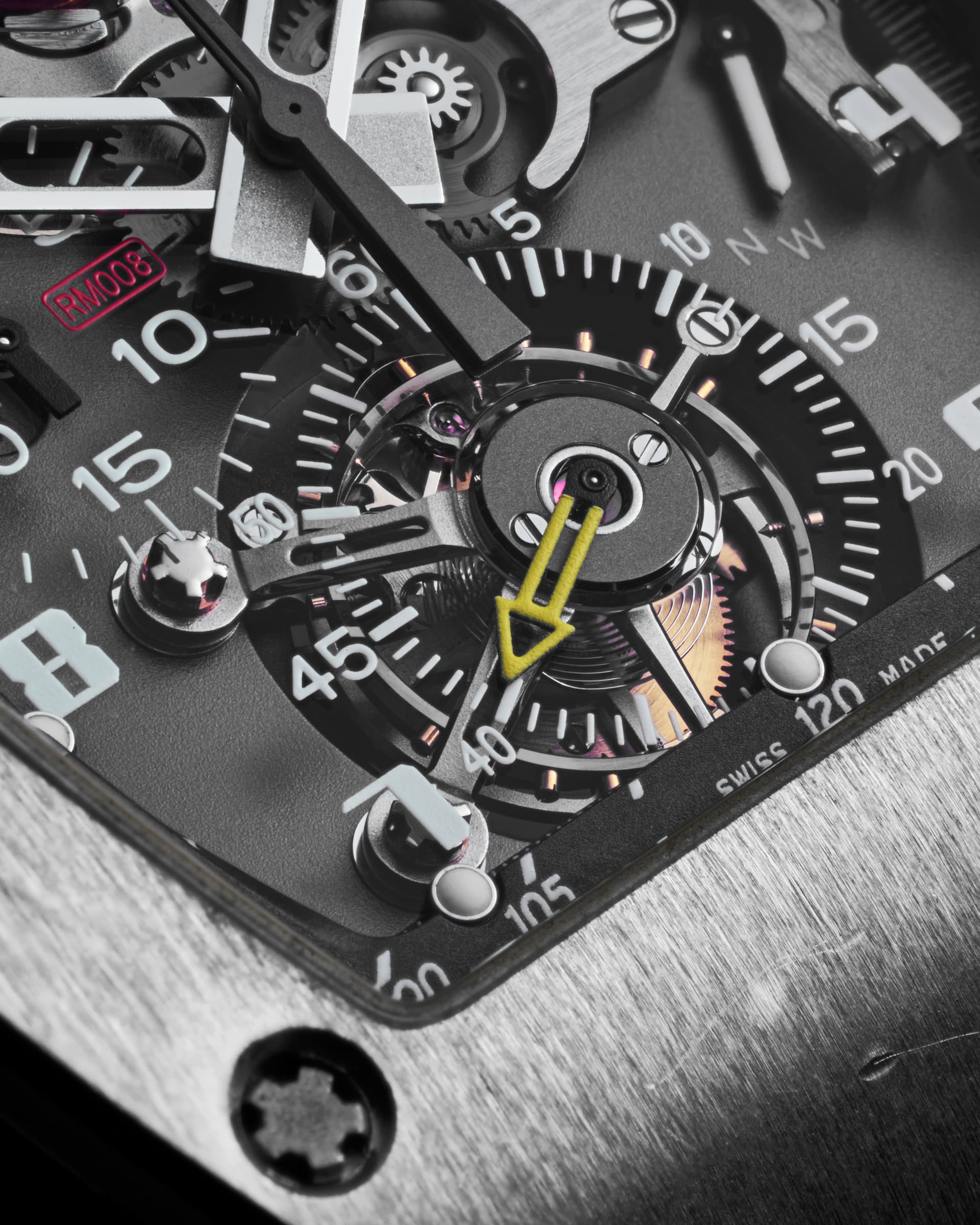 Dial side of the Richard Mille RM 008 showing torque and power reserve indicators