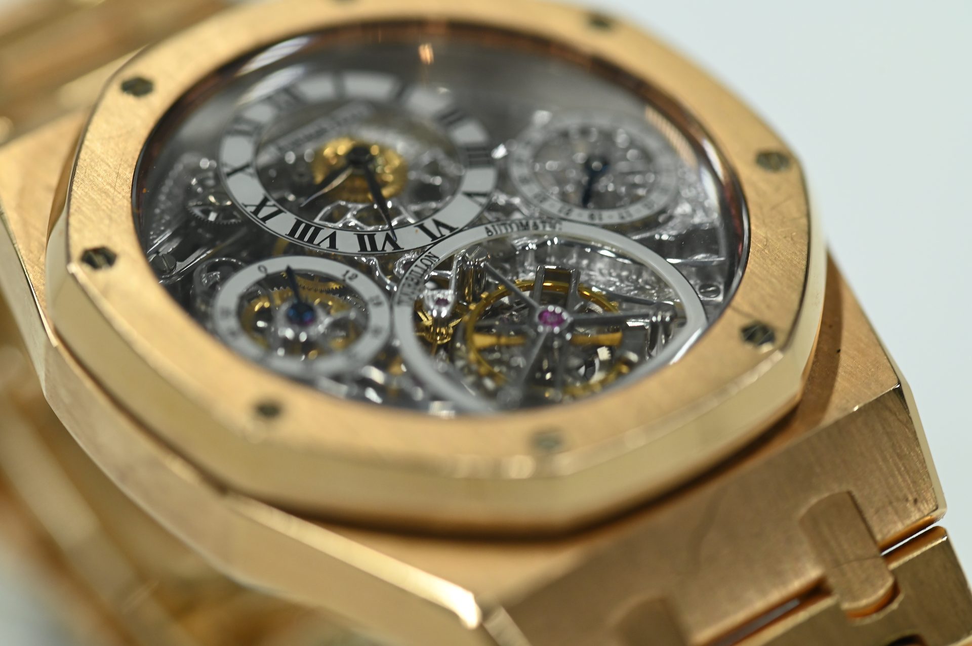 Audemars Piguet Royal Oak Tourbillon Squelette — Octagonal bezel with eight hexagonal screws, openworked dial, integrated pink gold bracelet.