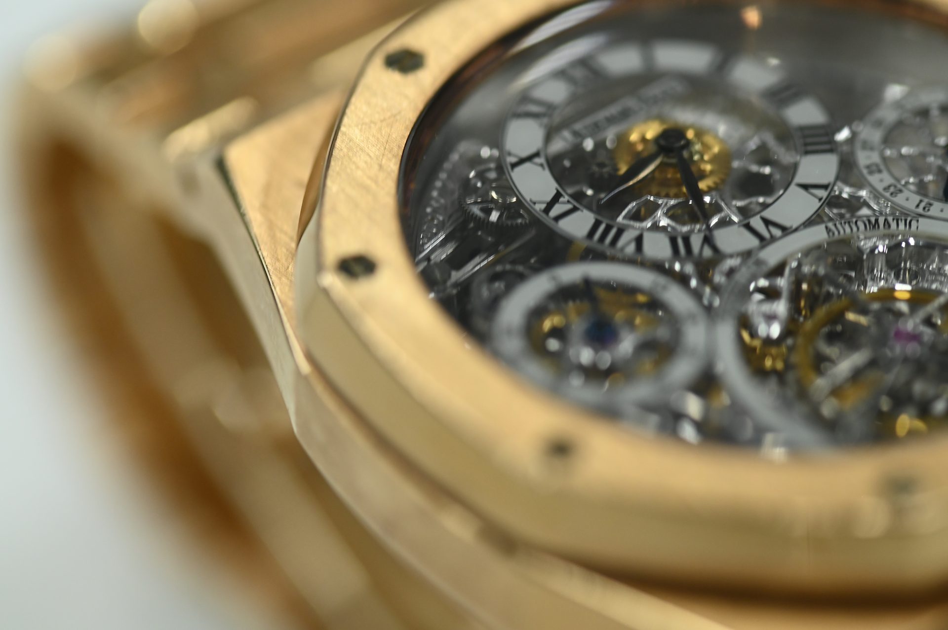 Audemars Piguet Royal Oak Tourbillon Squelette — Dial detail: Roman numeral chapter ring over the skeletonised movement, tourbillon at lower left.