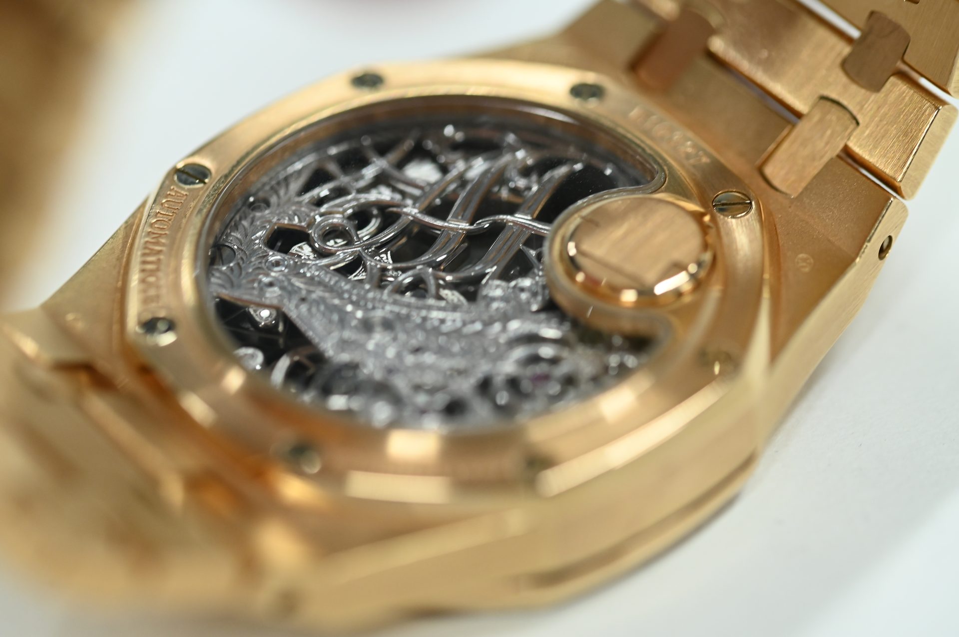 Audemars Piguet Royal Oak Tourbillon Squelette — Sapphire display back over the hand-engraved skeleton movement.