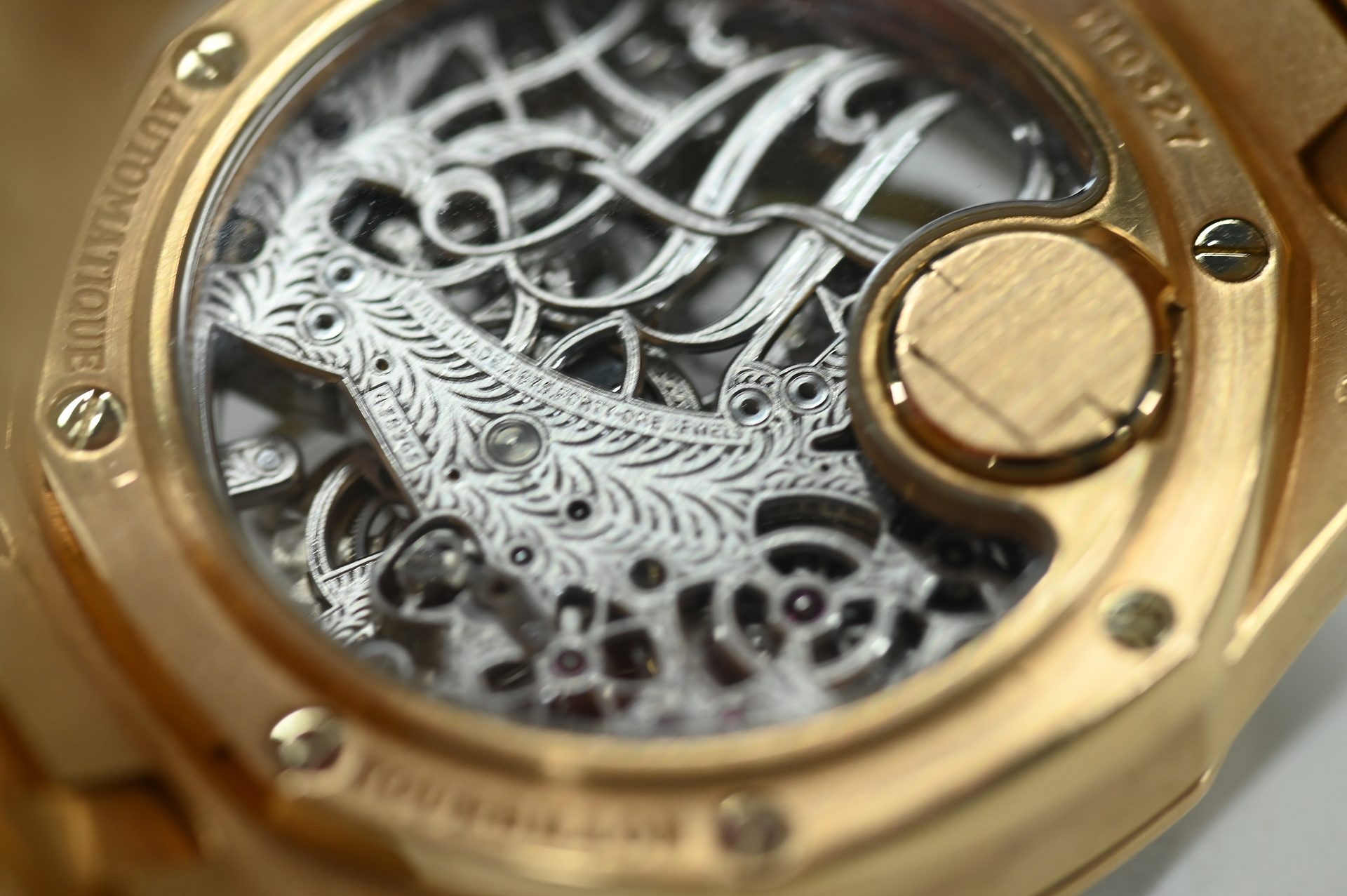 Audemars Piguet Royal Oak Tourbillon Squelette — Hand-engraved bridges and the solid gold rotor segment.