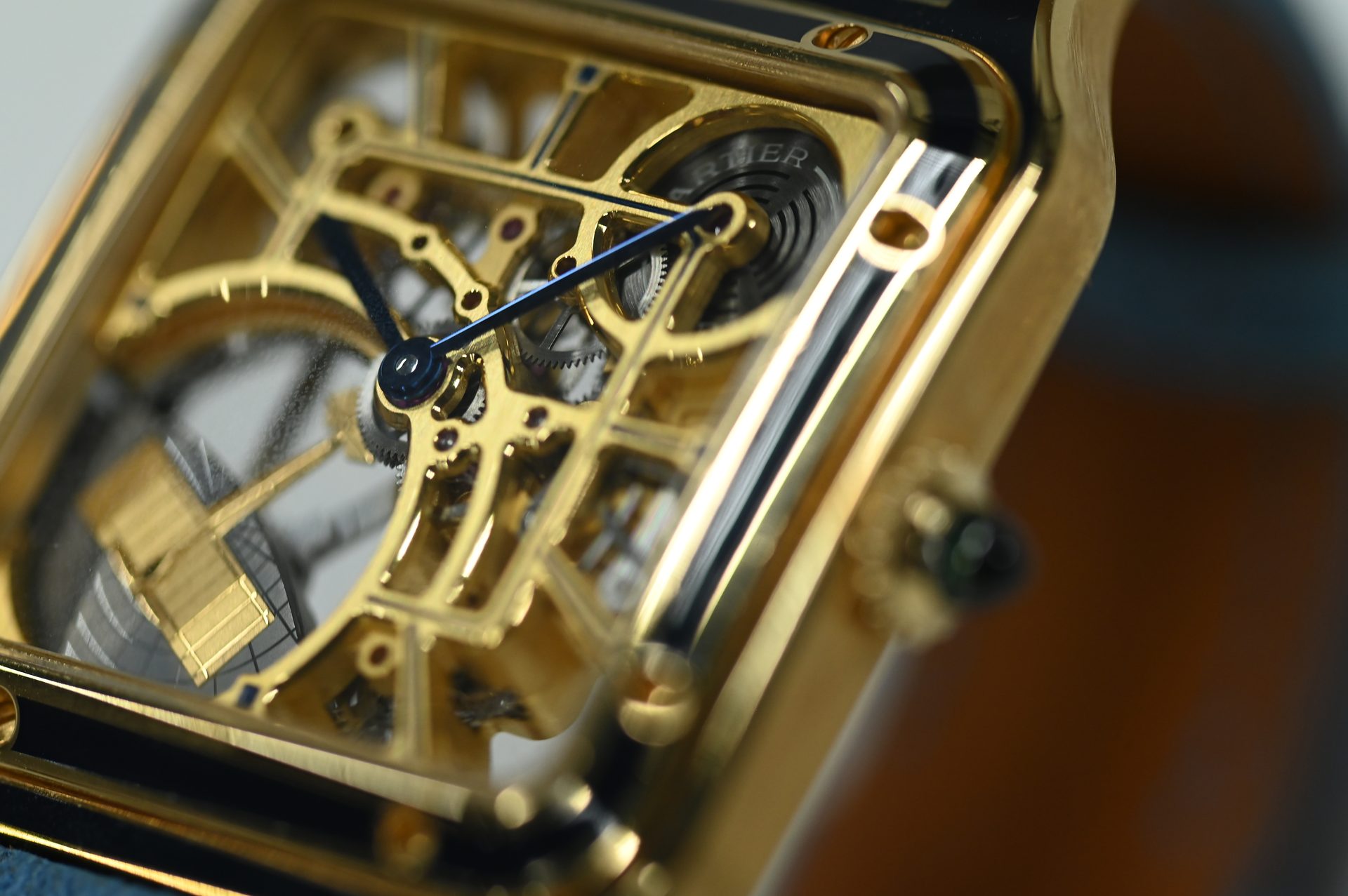 Cartier Santos-Dumont Skeleton — Squared Santos-Dumont case with exposed skeleton bridges forming the Roman numerals.