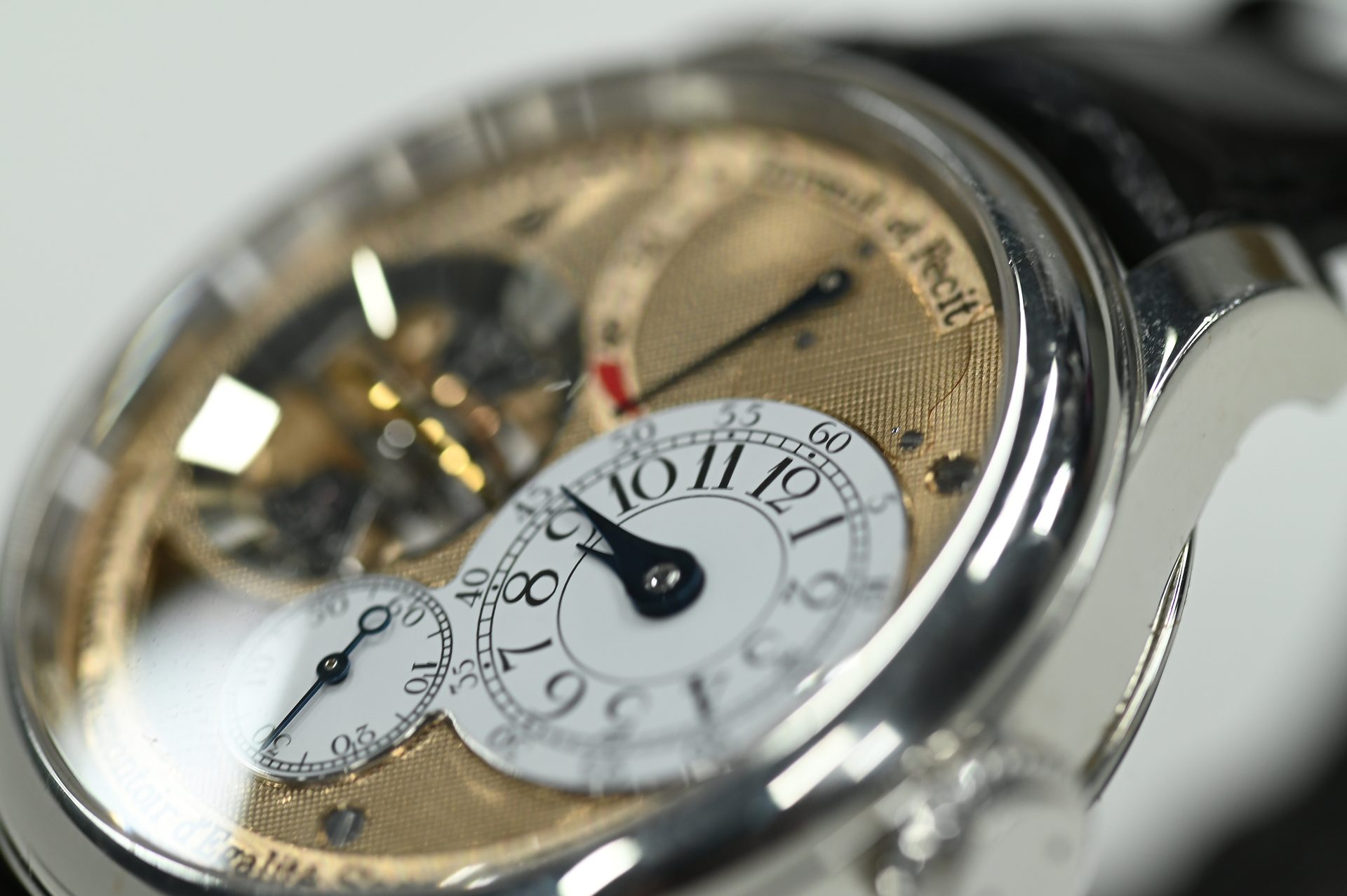 F.P. Journe Tourbillon Souverain Remontoir d'Égalité — Dial detail: Tourbillon Remontoir d'Egalite Seconde Morte, dead-seconds and power reserve.