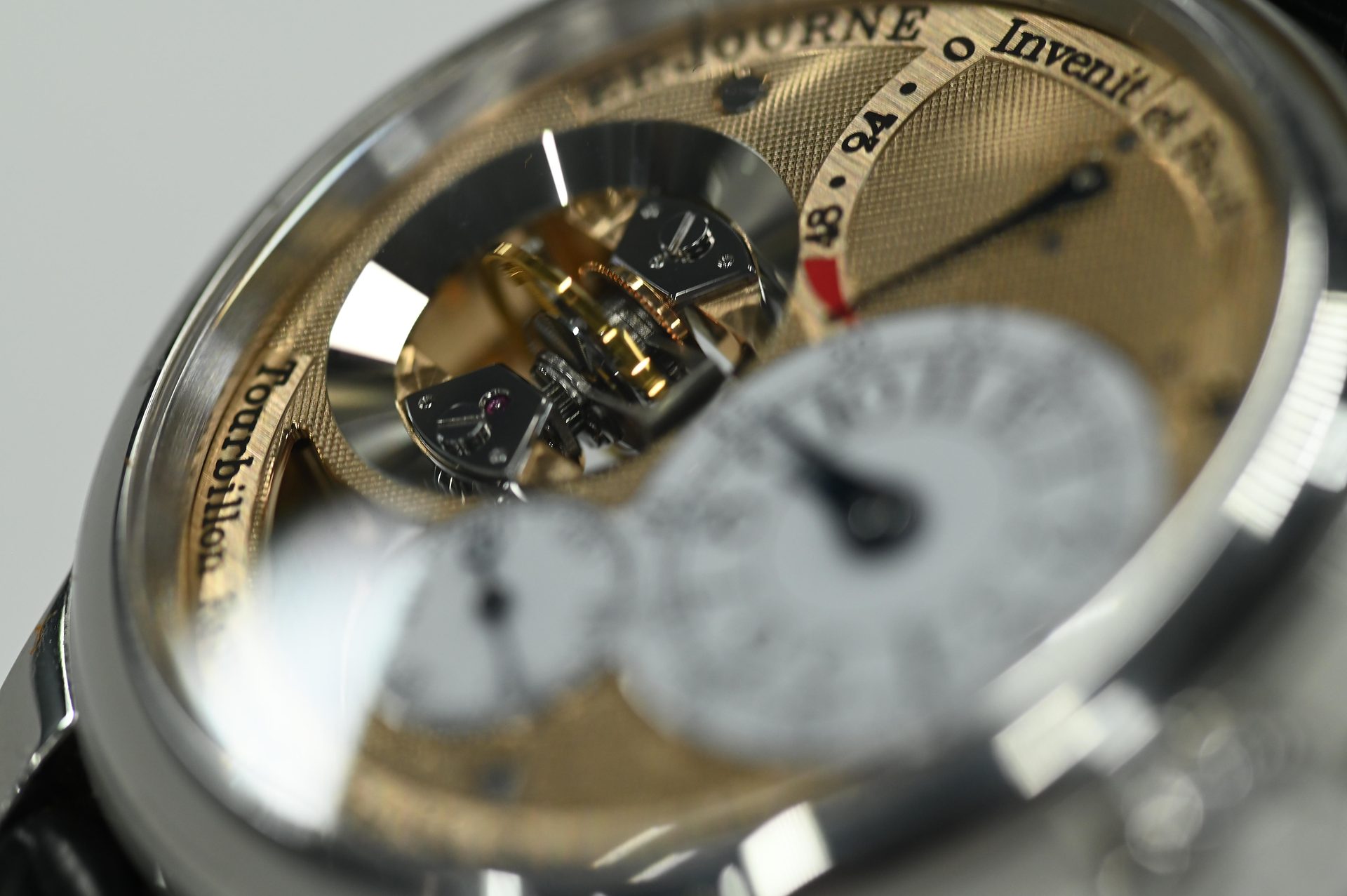 F.P. Journe Tourbillon Souverain Remontoir d'Égalité — The tourbillon carriage and remontoir d'egalite under the sapphire.