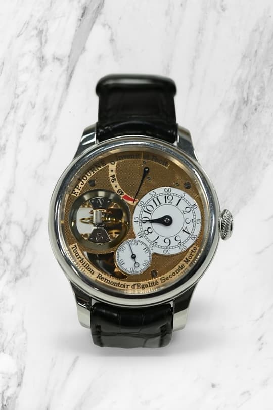 F P Journe Tourbillon Souverain with gold guilloche dial, tourbillon at nine, dead seconds subdial and power reserve, in platinum