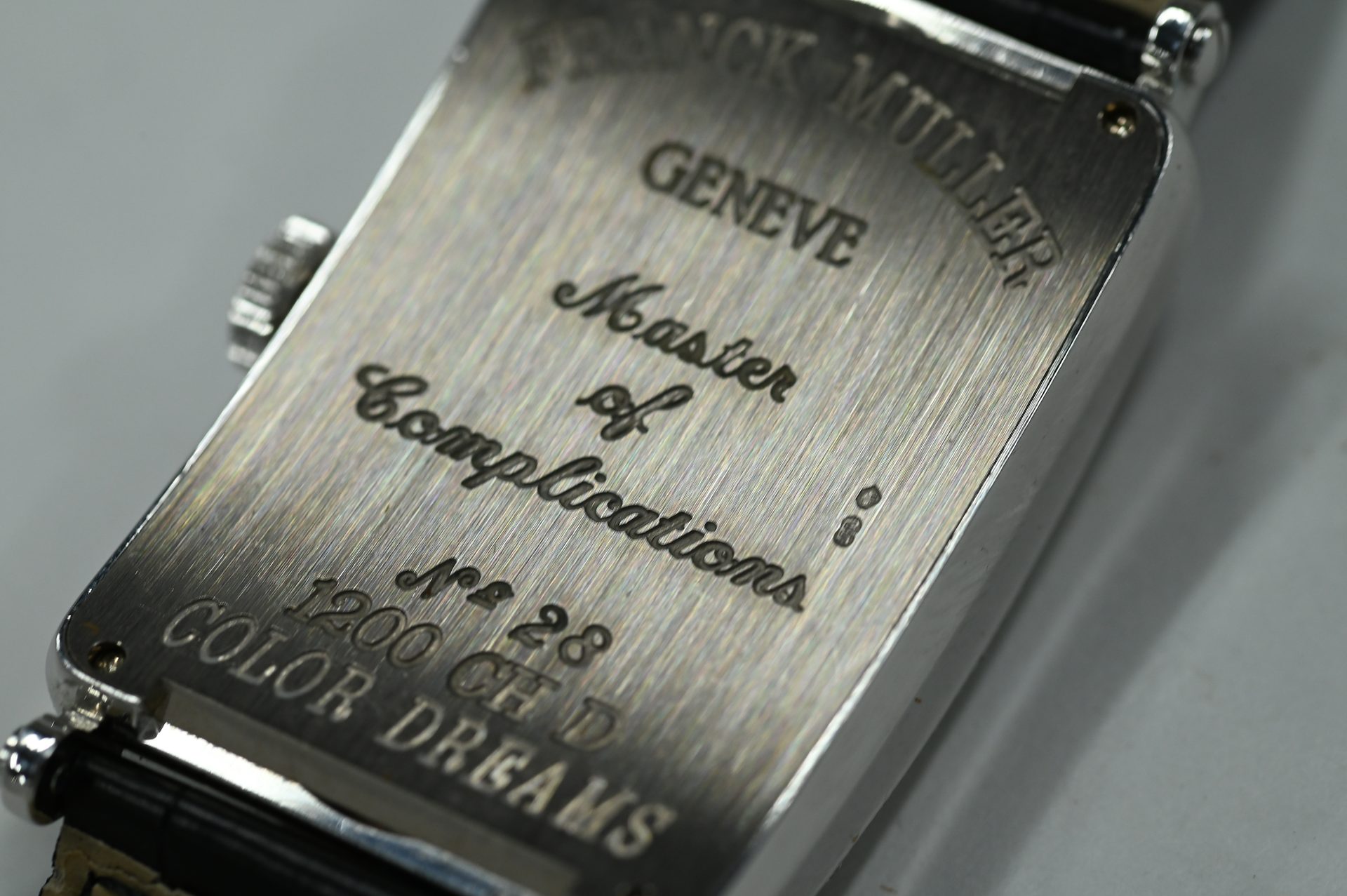 Franck Muller Long Island Crazy Colour Dreams — Caseback detail with reference and serial engraving.