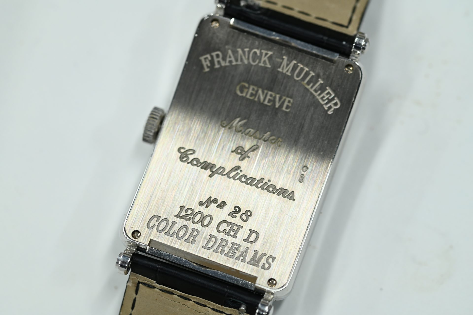Franck Muller Long Island Crazy Colour Dreams — Full caseback: Franck Muller, Genève, with the elongated case profile.