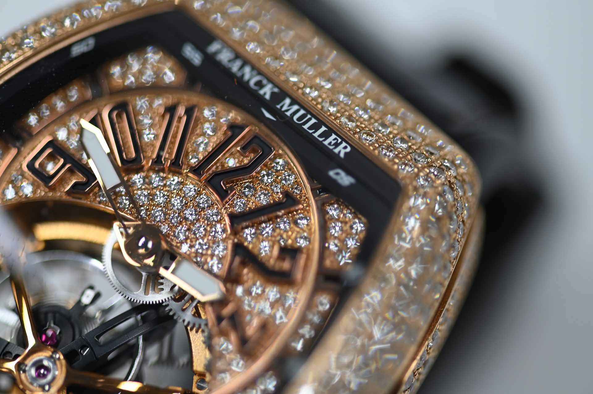Franck Muller Vanguard Gravity Tourbillon — Pavé dial with applied Franck Muller signature and skeletonised numerals.