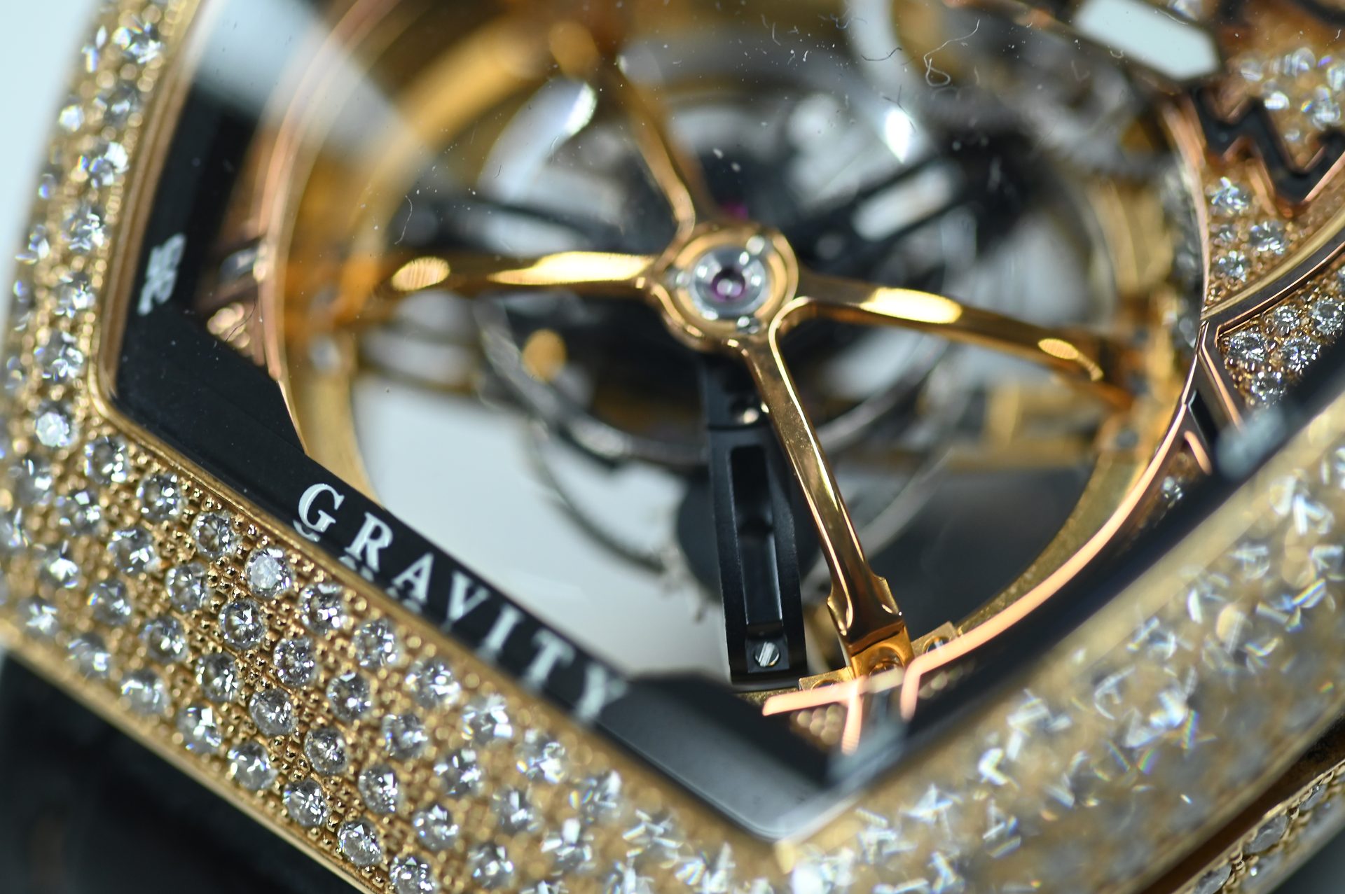 Franck Muller Vanguard Gravity Tourbillon — GRAVITY engraved on the case flank beside the tourbillon cage.