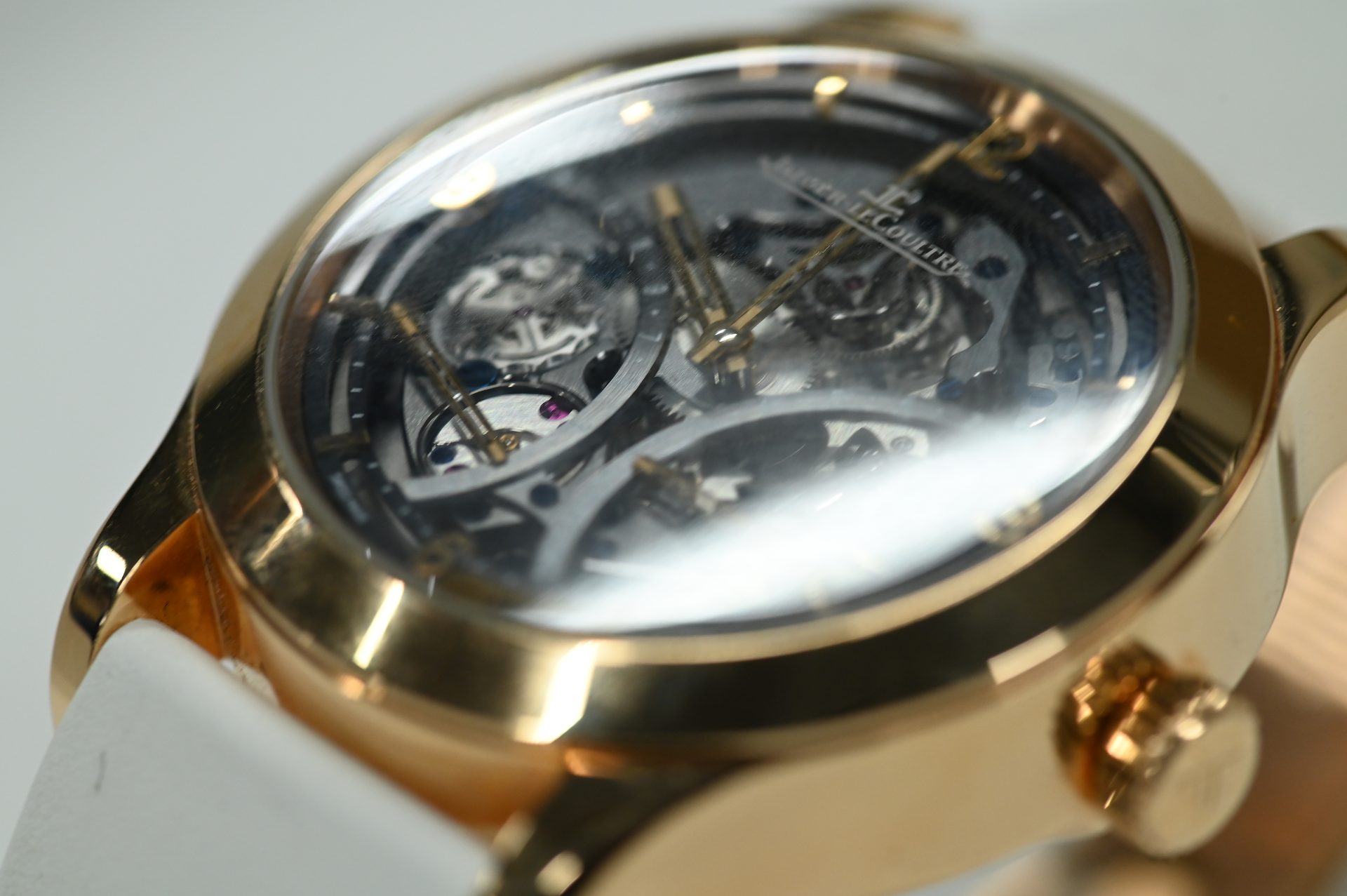 Jaeger-LeCoultre Master Grande Tradition Tourbillon, skeletonised — Dial detail: openworked bridges, applied chapter ring and central hands.