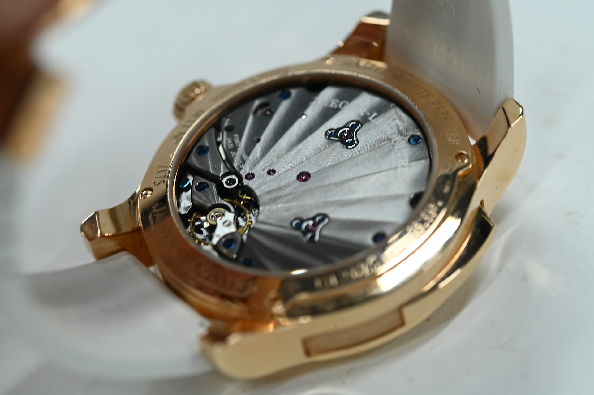 Jaeger-LeCoultre Master Grande Tradition Tourbillon, skeletonised — Sapphire caseback framed in rose gold.