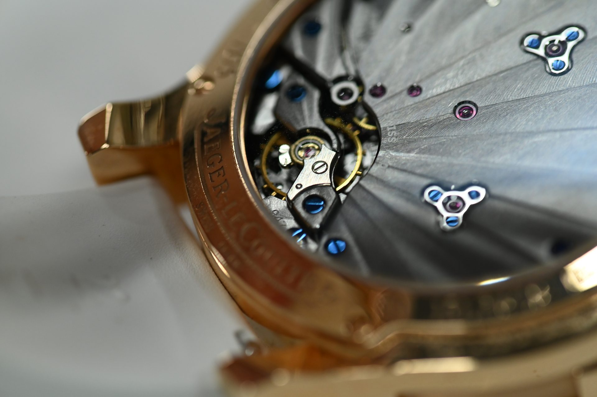 Jaeger-LeCoultre Master Grande Tradition Tourbillon, skeletonised — Movement side: hand-finished bridges, Côtes de Genève and polished screw heads.