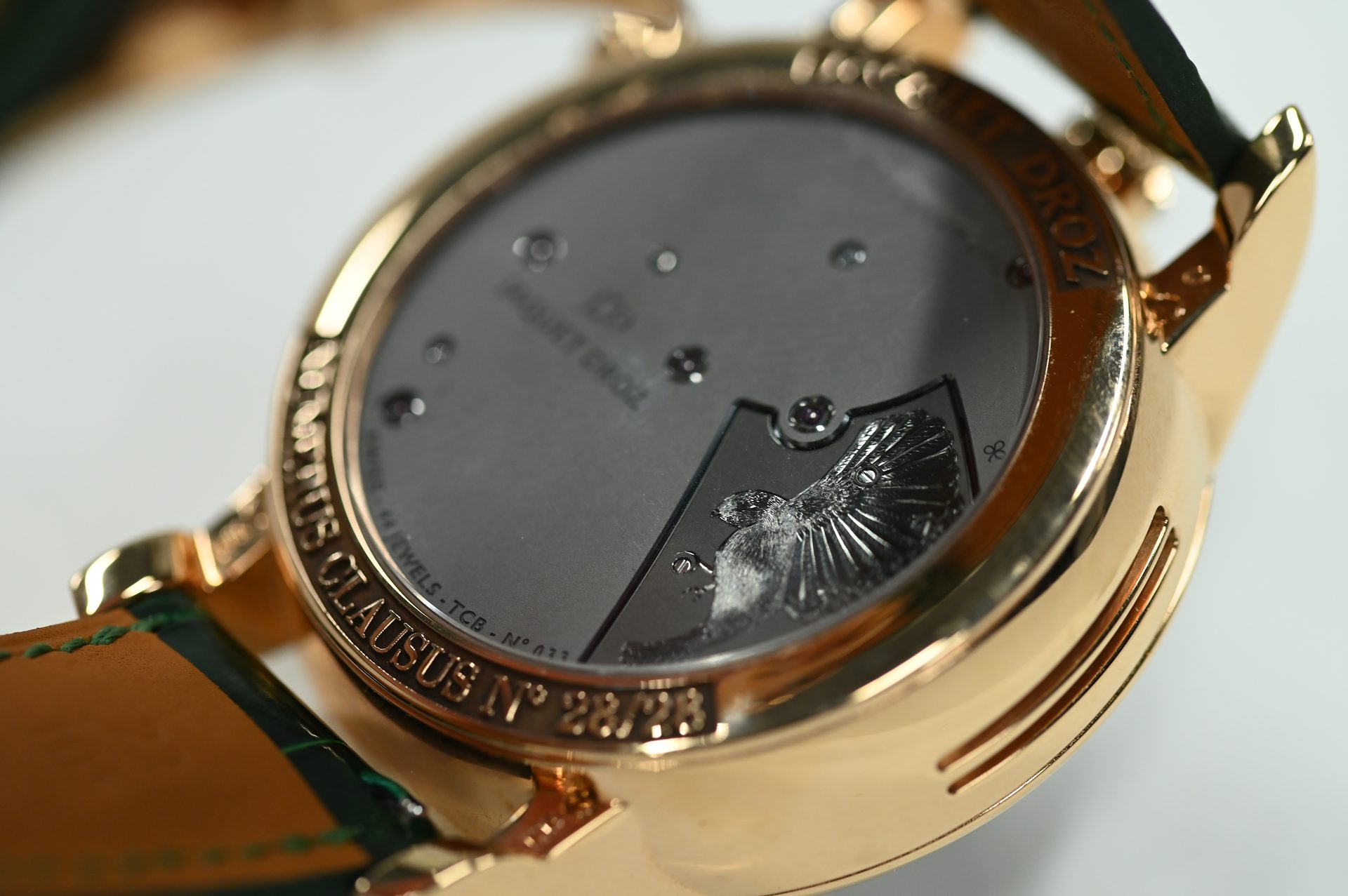 Jaquet Droz Charming Bird — Caseback with engraved bird motif and Numerus Clausus edition marking.