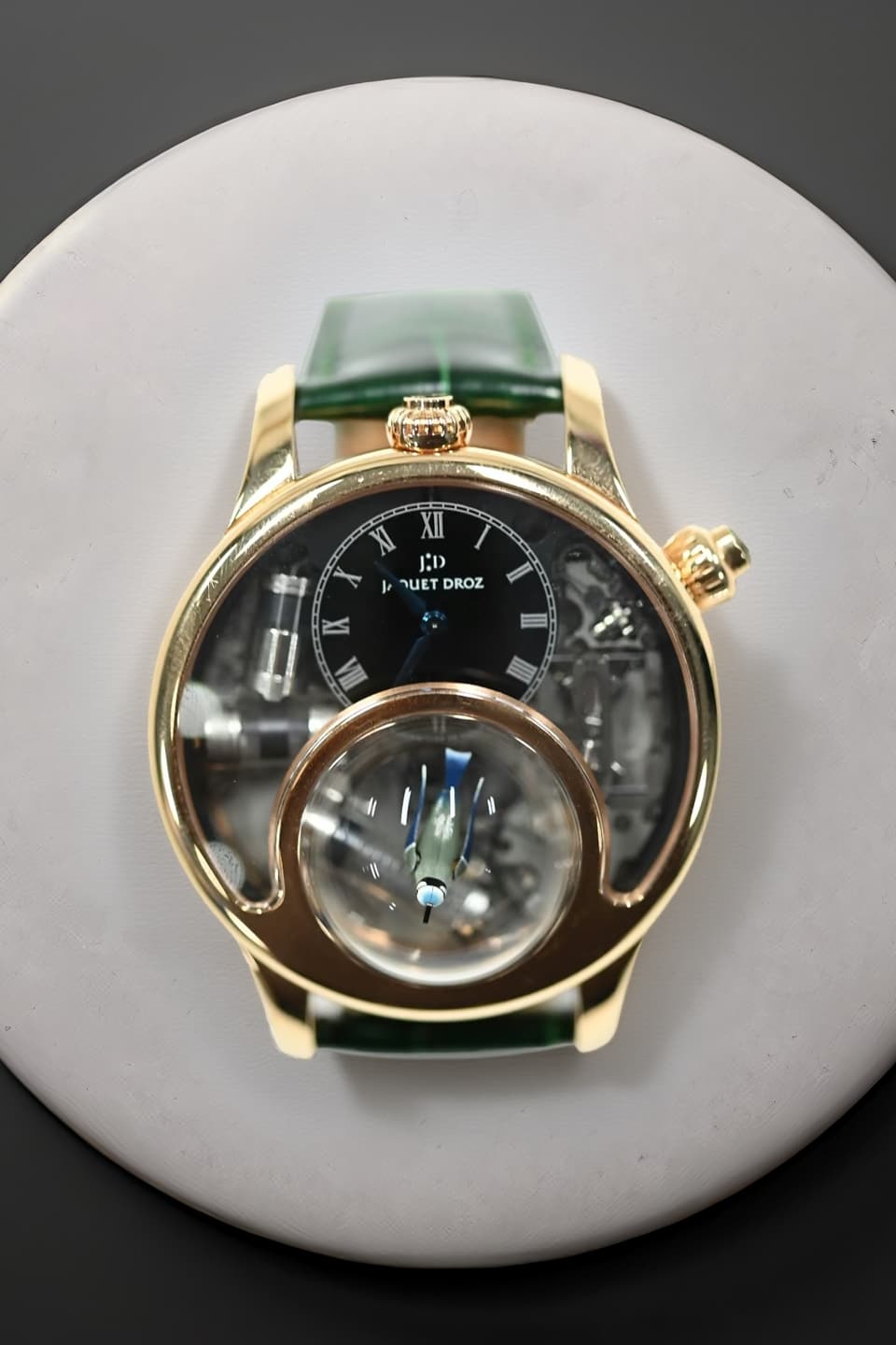 Jaquet Droz Charming Bird in red gold with black dial and a singing bird automaton beneath a sapphire dome, on a green alligator strap