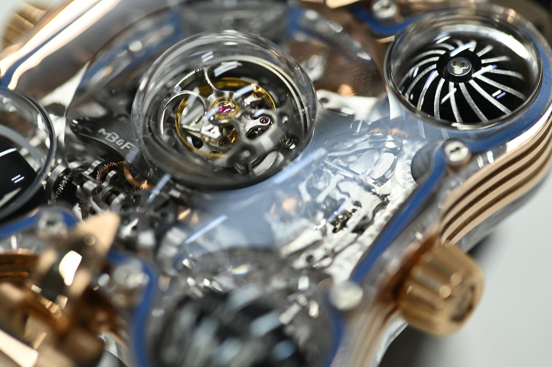 MB&F Horological Machine No.6 Space Pirate — Flying tourbillon under its own dome at the centre of the case.