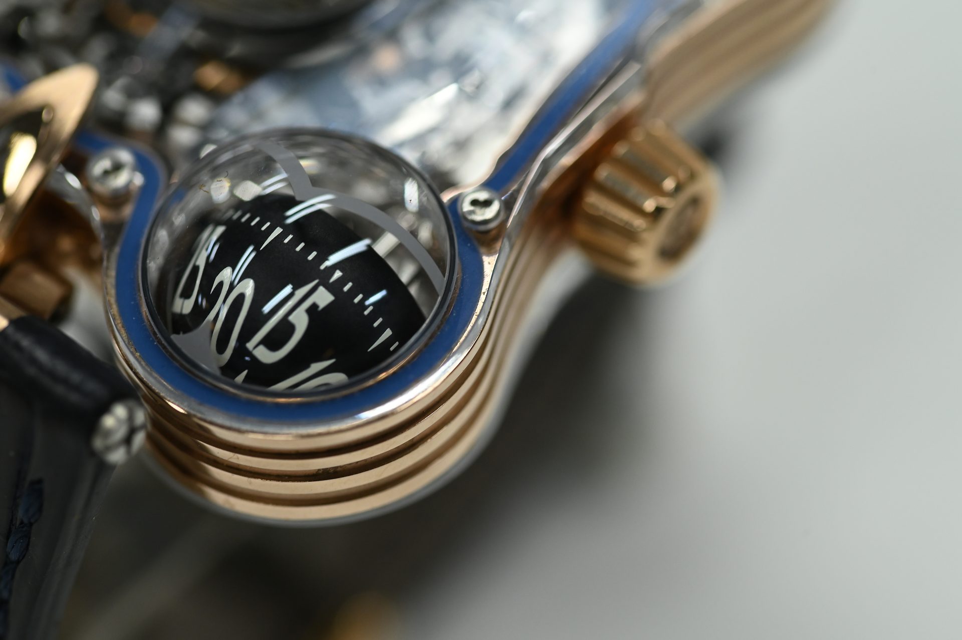 MB&F Horological Machine No.6 Space Pirate — Aluminium indication domes carrying hours and minutes.