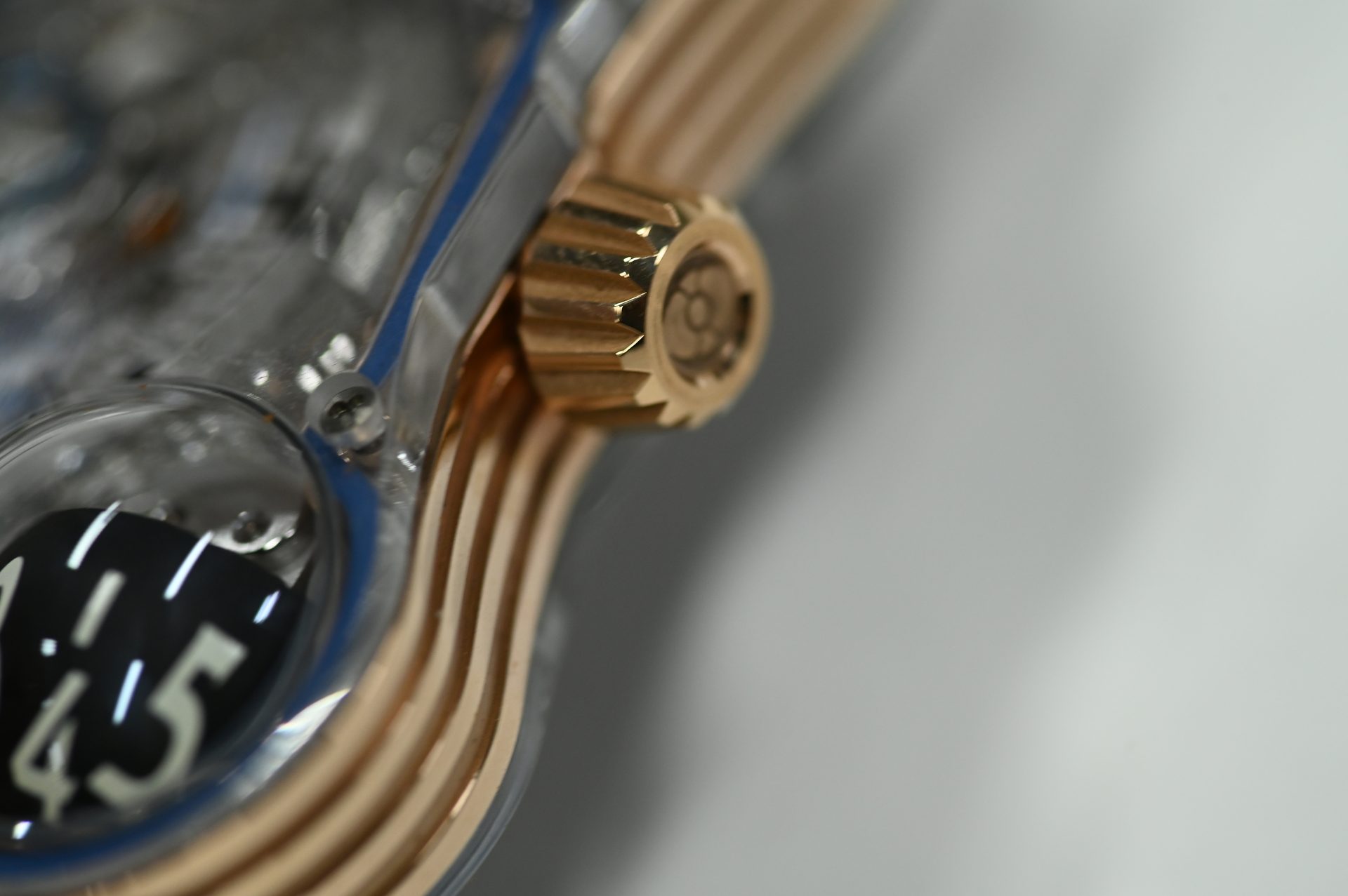 MB&F Horological Machine No.6 Space Pirate — Crown detail with the MB&F battle-axe motif.