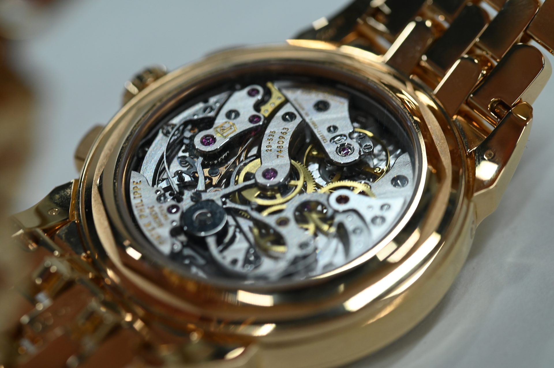 Patek Philippe Perpetual Calendar Chronograph 5270/1R — Sapphire display back over the movement.