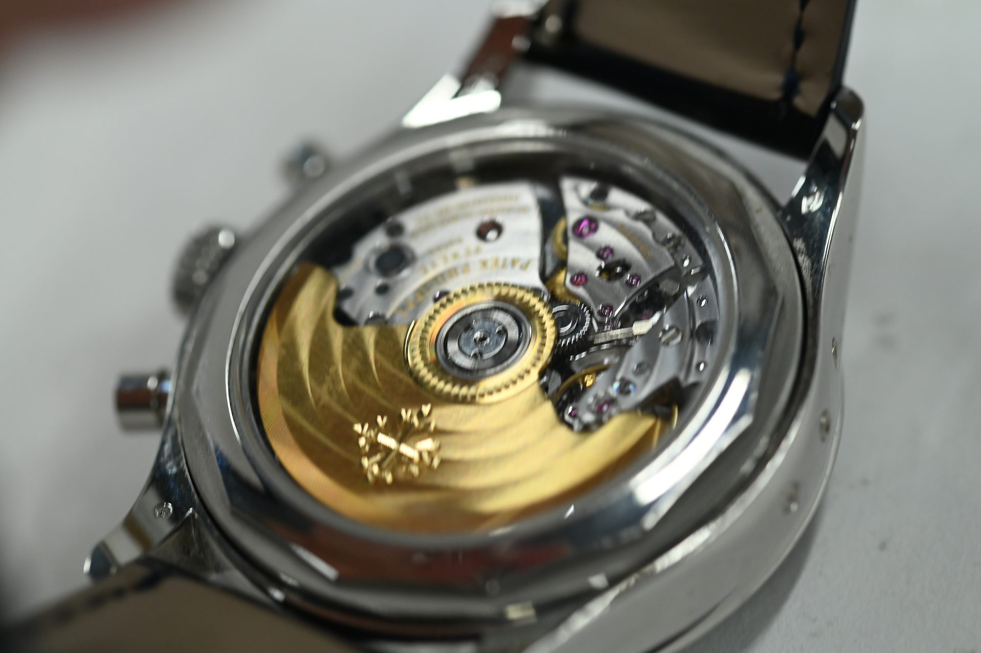 Patek Philippe Annual Calendar Chronograph, Tiffany & Co. dial — Self-winding chronograph movement through the sapphire back.