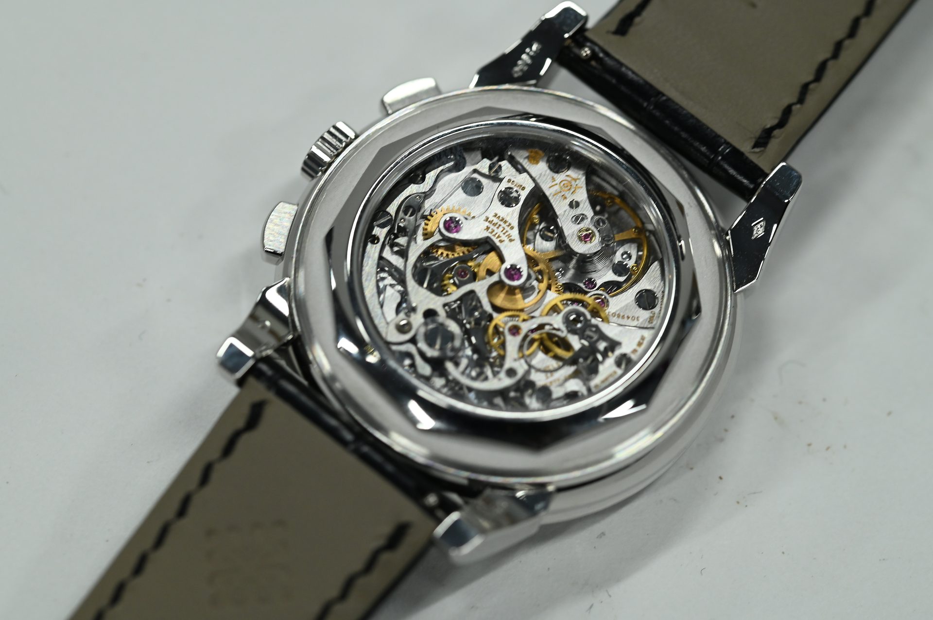 Patek Philippe Perpetual Calendar Chronograph, diamond-set — Sapphire back over the manual-wind perpetual calendar chronograph calibre.