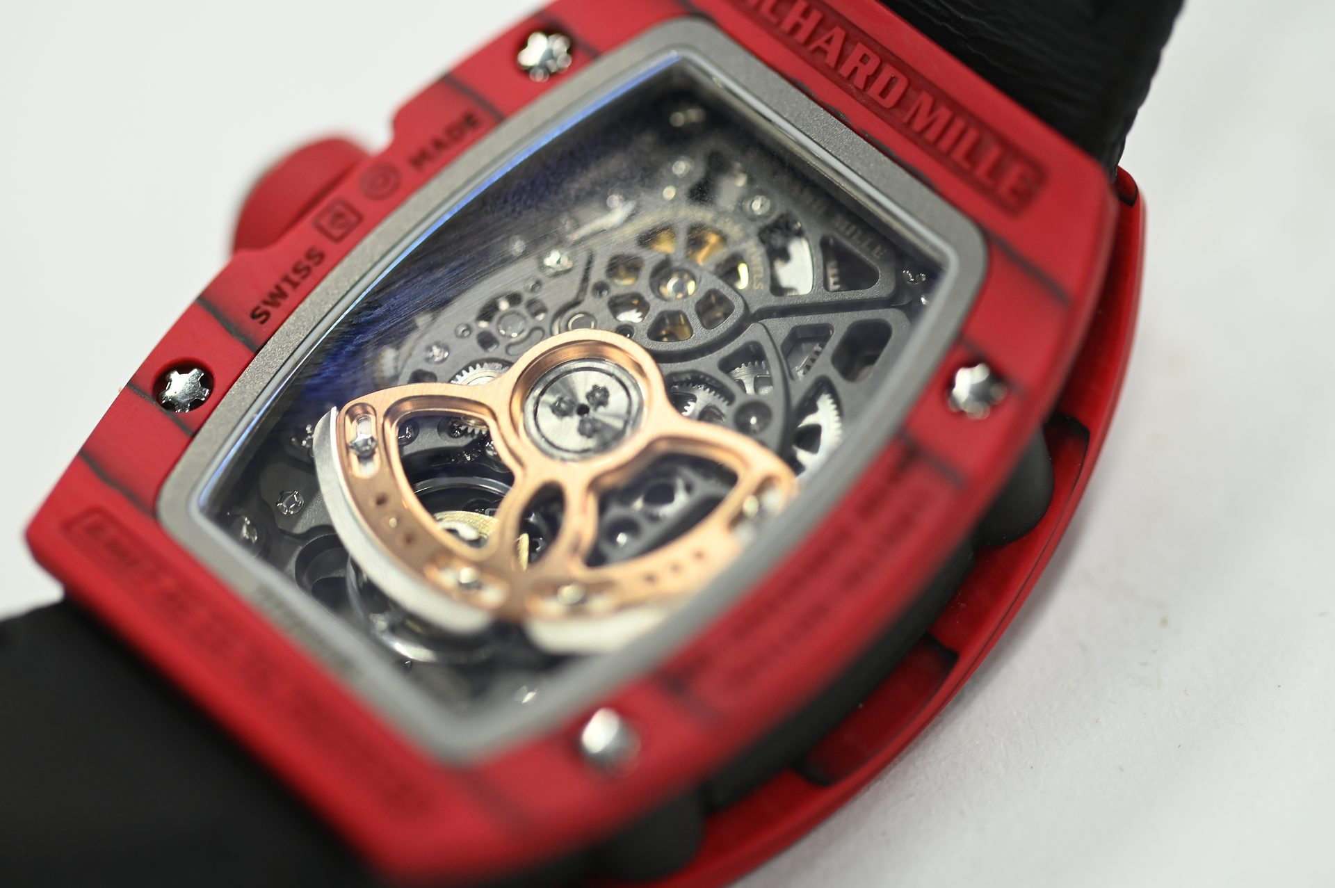 Richard Mille RM 07-01 Red Quartz TPT — Sapphire caseback over the skeletonised movement and gold rotor.