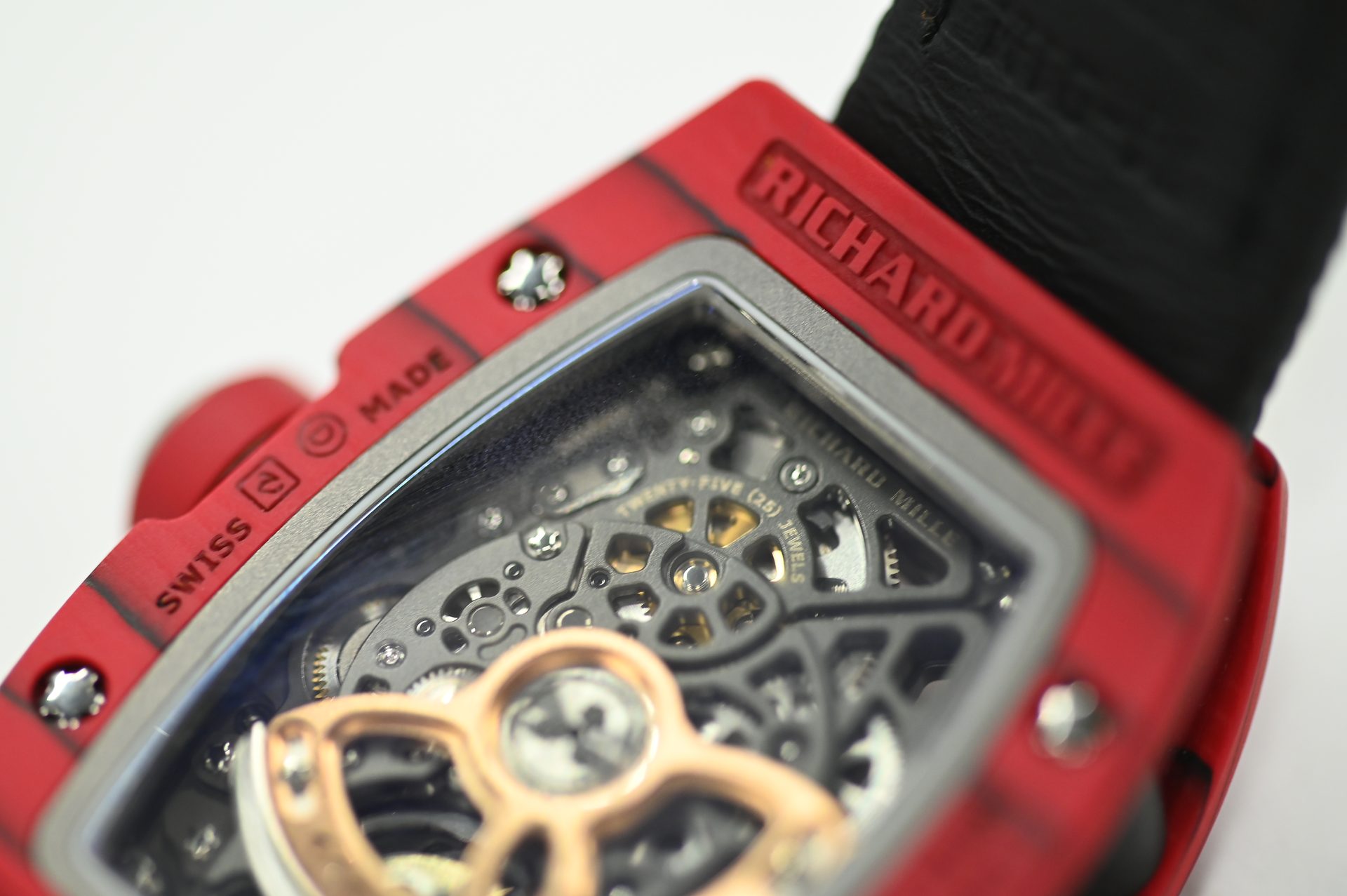 Richard Mille RM 07-01 Red Quartz TPT — Skeletonised bridges, jewelled bearings and the shaped gold rotor.
