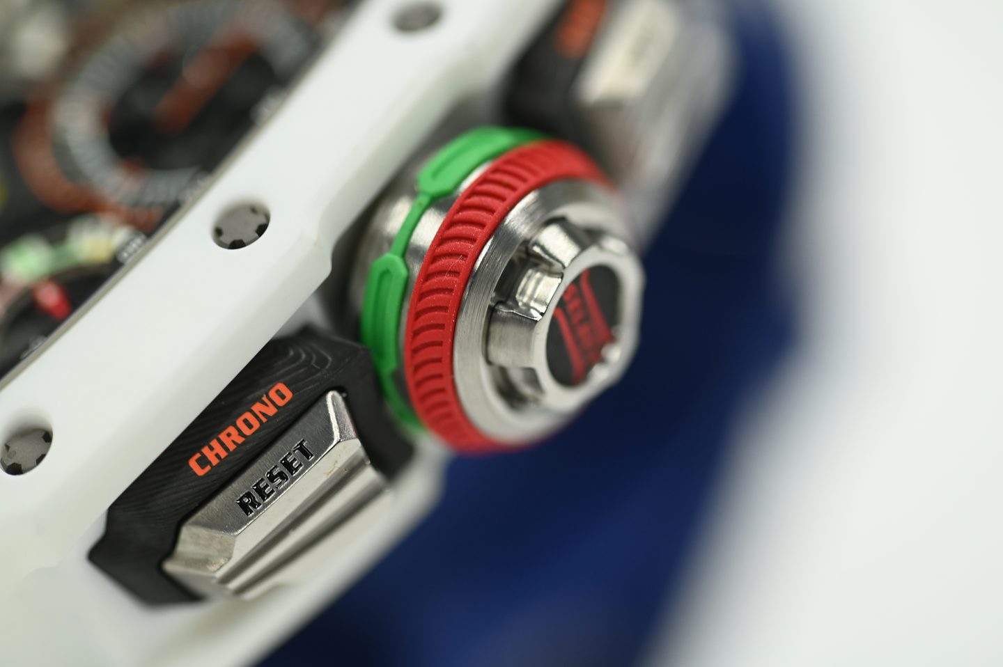 Richard Mille RM 65-01 Automatic Split-Seconds Chronograph — Red and green crown alongside the CHRONO RESET pusher.