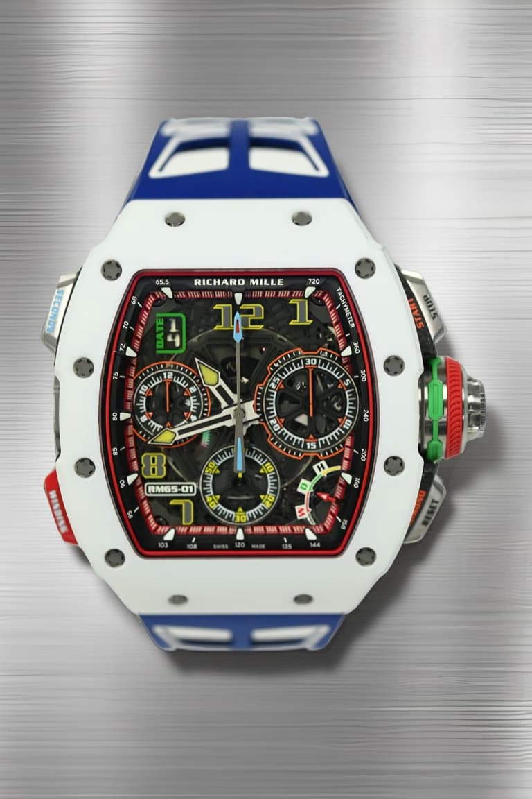 Richard Mille RM 65-01 automatic split seconds chronograph in white ceramic with skeletonised dial and blue and white rubber strap